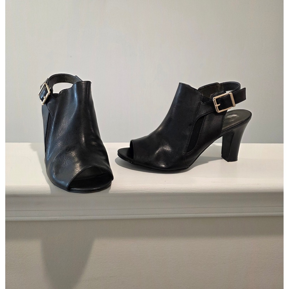 Women's‎ sz 9 M Black Peep Toe Slingback Booties Block Heel Buckle Shoes Classic